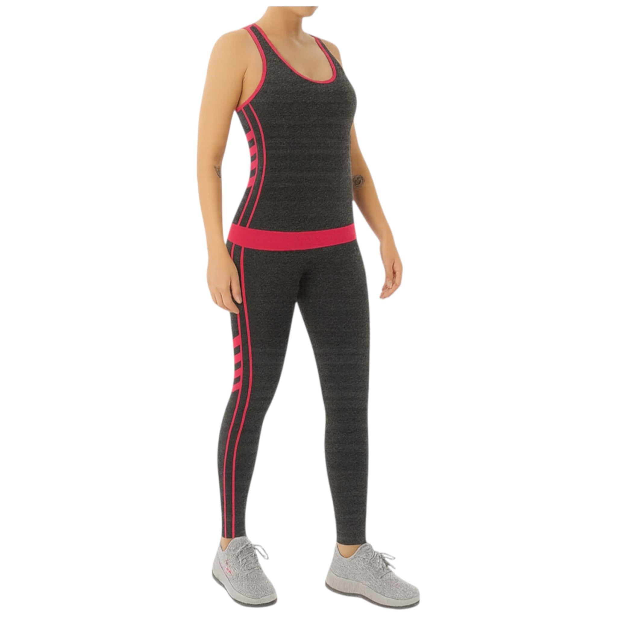 Women's seamless grey and pink gym leggings and tank top activewear gymwear set with stripe detailing.